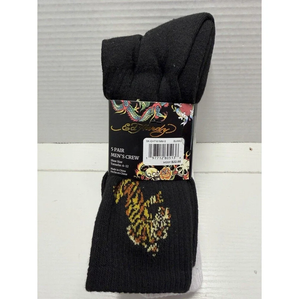 Ed Hardy Men’s 6-12 Black White 5 Pair Pack Eagle Snake Tiger Tattoo Crew Socks